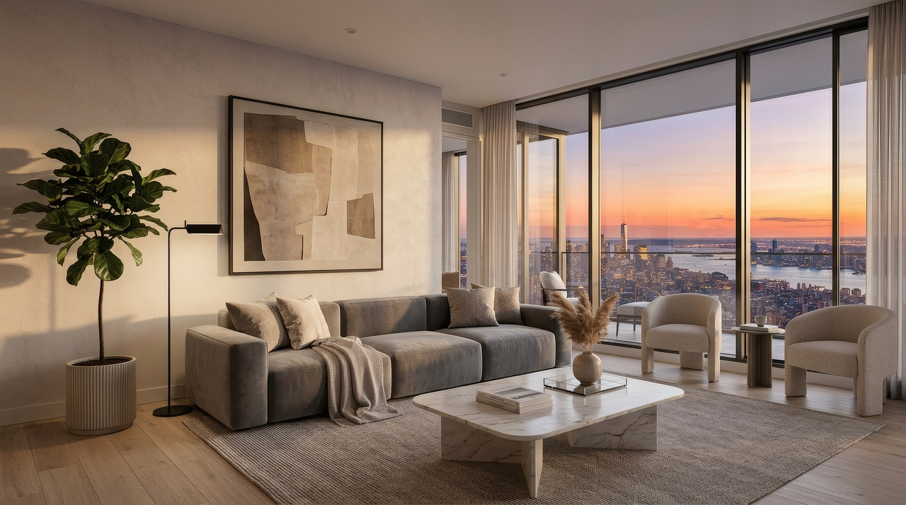 Apartment living room at golden hour with a grey sofa, marble table and a window onto a city and river at sunset