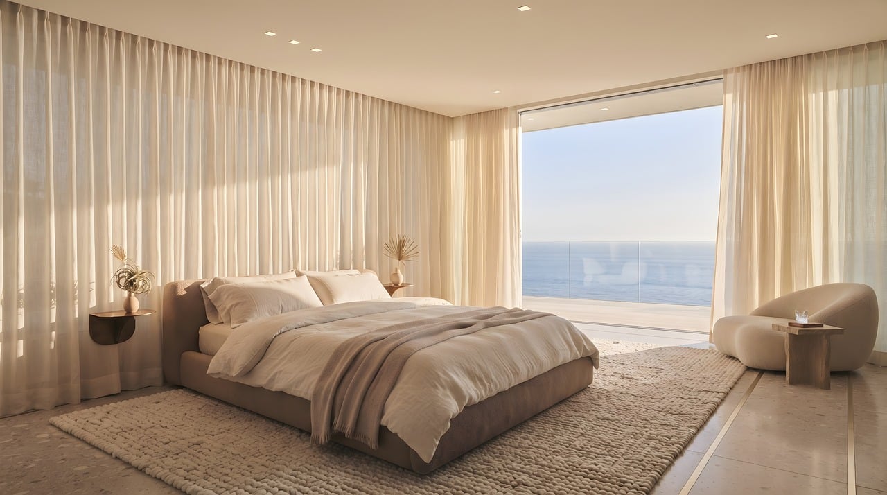 Calm bedroom with sheer curtains and a wide window onto the ocean