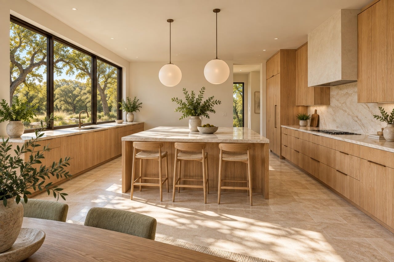 Open kitchen with a stone island and oak cabinets lit by tall windows