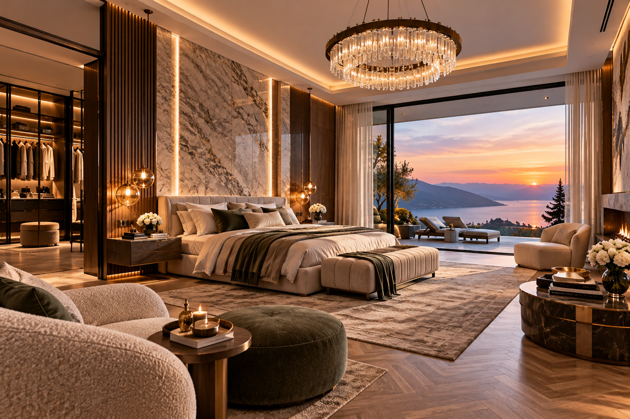 Principal suite with a marble wall and a chandelier, opening to a terrace over the water at sunset
