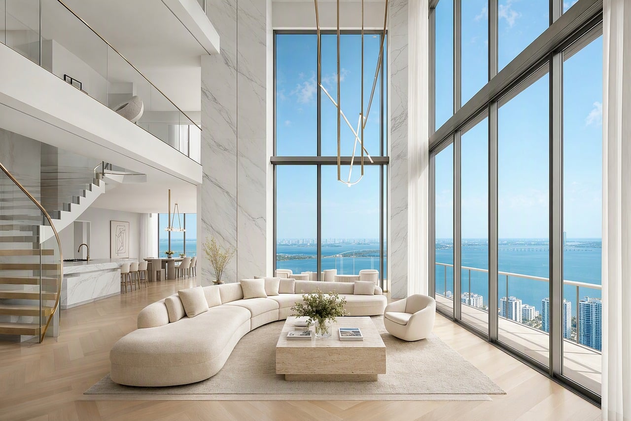 Double-height penthouse living room with a curved sofa, a chandelier and floor-to-ceiling windows over the sea