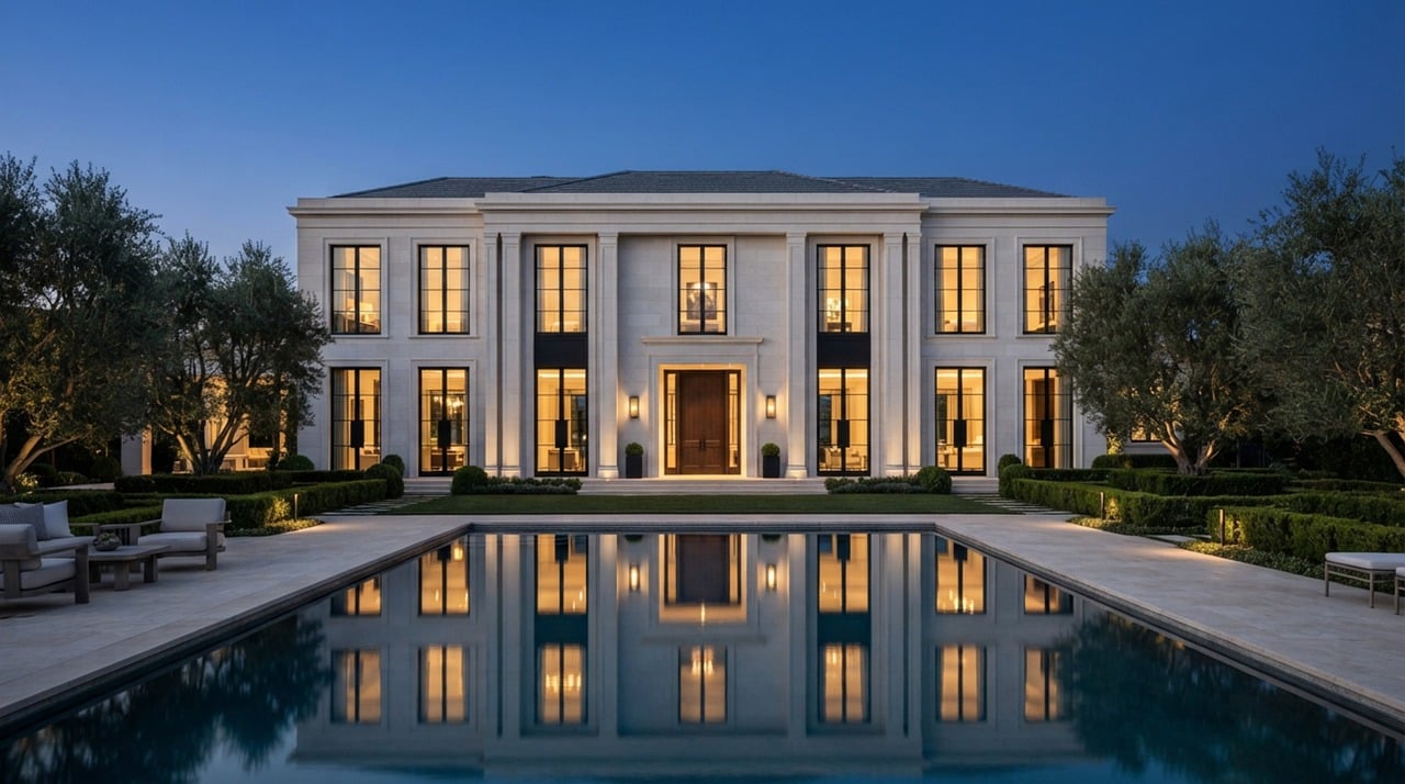 Stone villa with lit windows reflected in a long pool at twilight